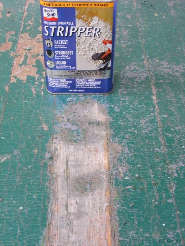 Caustic stripper on unstripped floor board